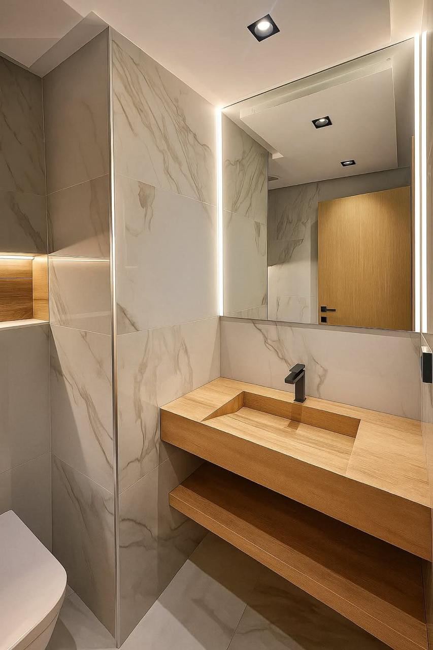 Salle de bain, marbre et bois